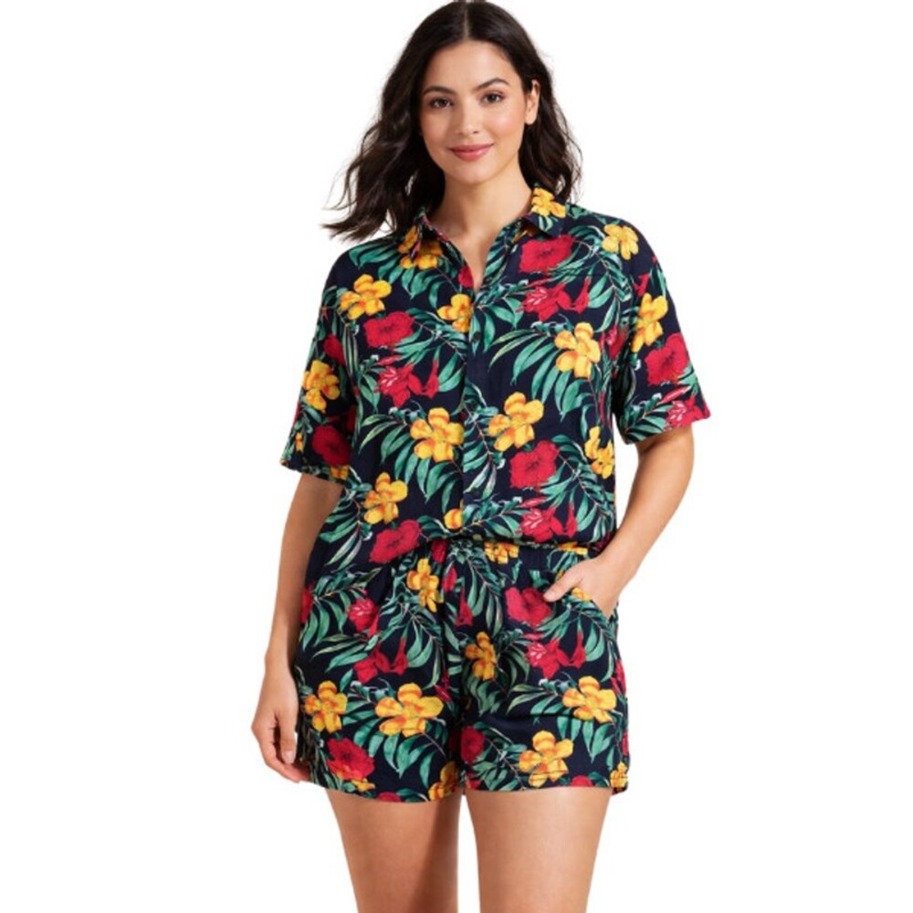 Floral Print Short Skirt Set in Black with Red & Yellow Blooms